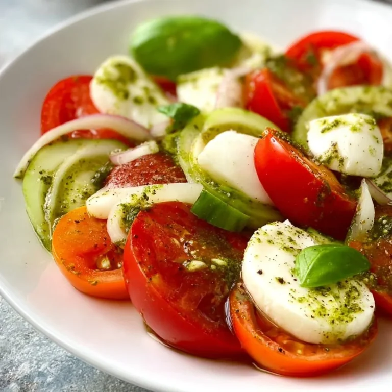 Tomaten Mozzarella Salat mit Pesto auf einem Teller garniert