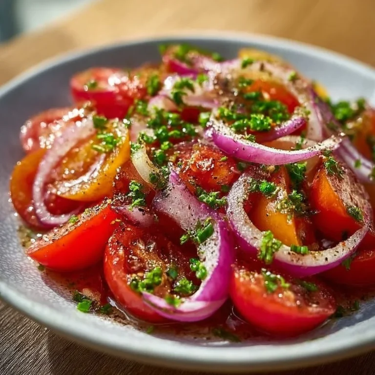 Tomatensalat mit Zwiebeln und Sumach-Dressing auf einem Teller