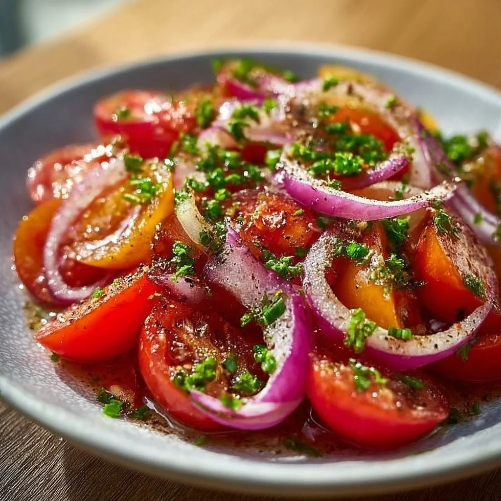Tomatensalat mit Zwiebeln und Sumach-Dressing auf einem Teller