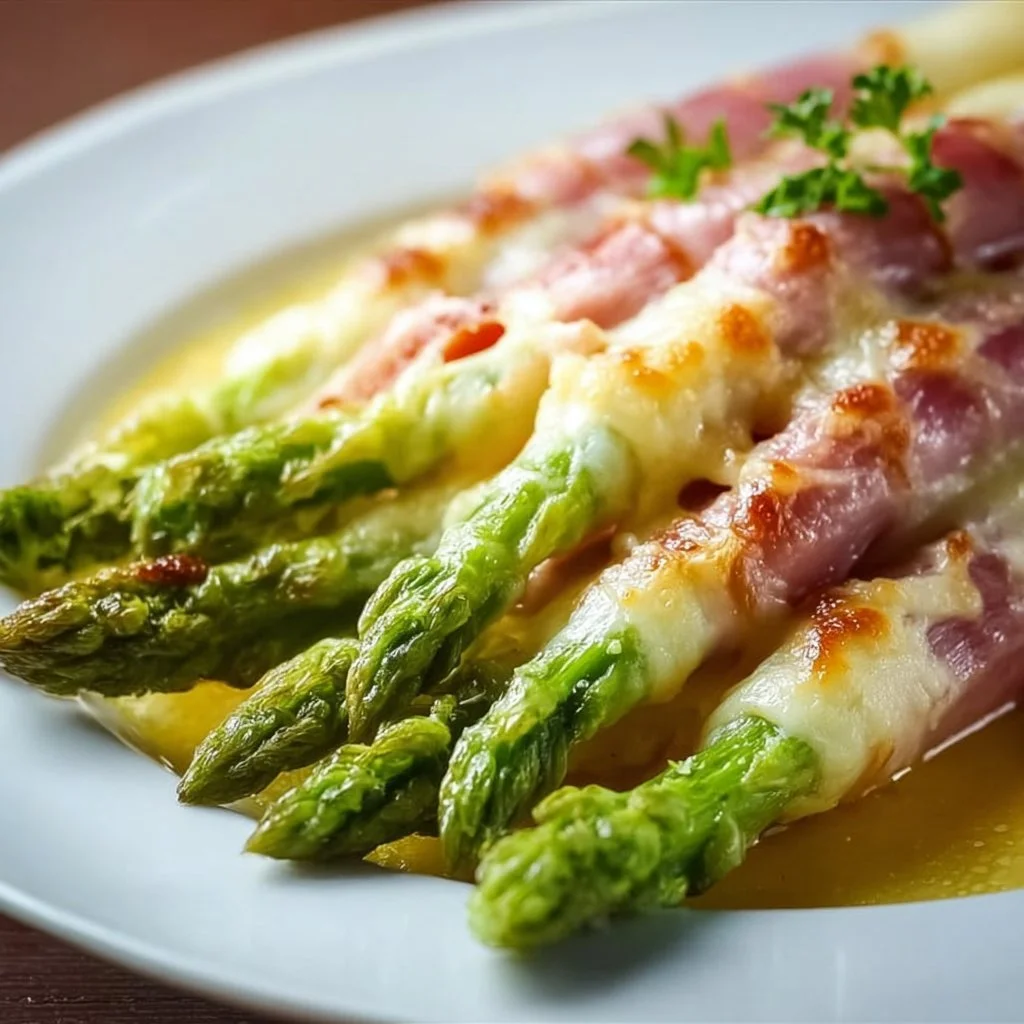 Überbackener Spargel mit Schinken auf einem Teller, garniert mit Käse.