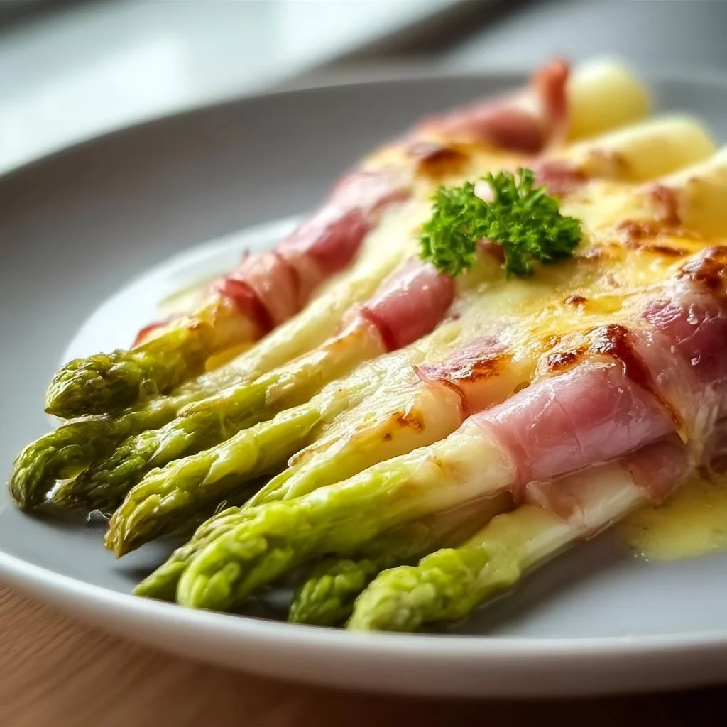 Überbackener Spargel mit Schinken