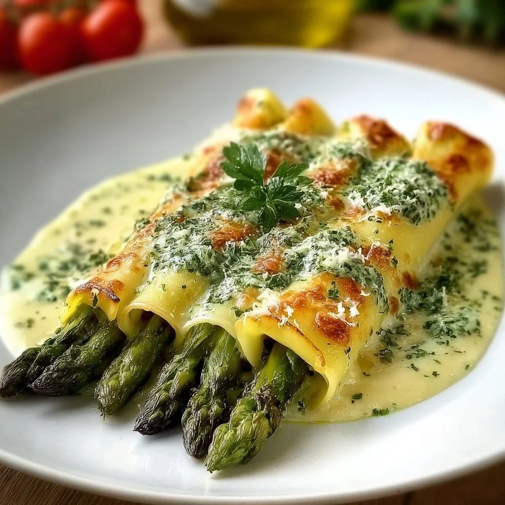 Cremige Spargel-Cannelloni mit Kräutersauce auf einem Teller