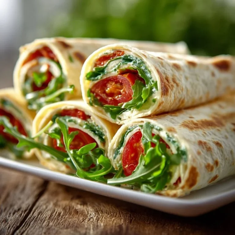Vegetarische Wrap Röllchen mit Rucola und Tomaten auf einem Teller angerichtet