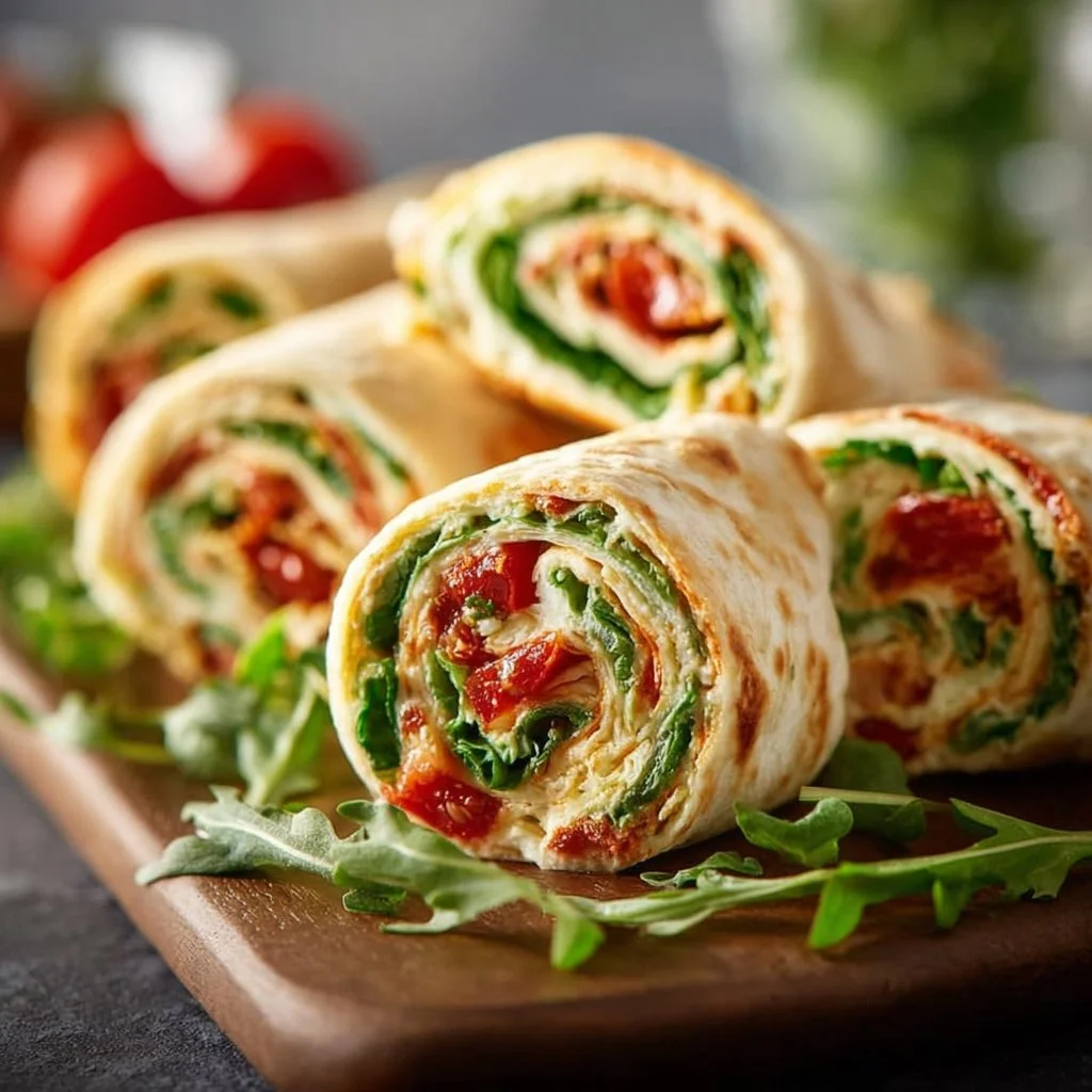 Vegetarische Wrap Röllchen mit Rucola und Tomaten