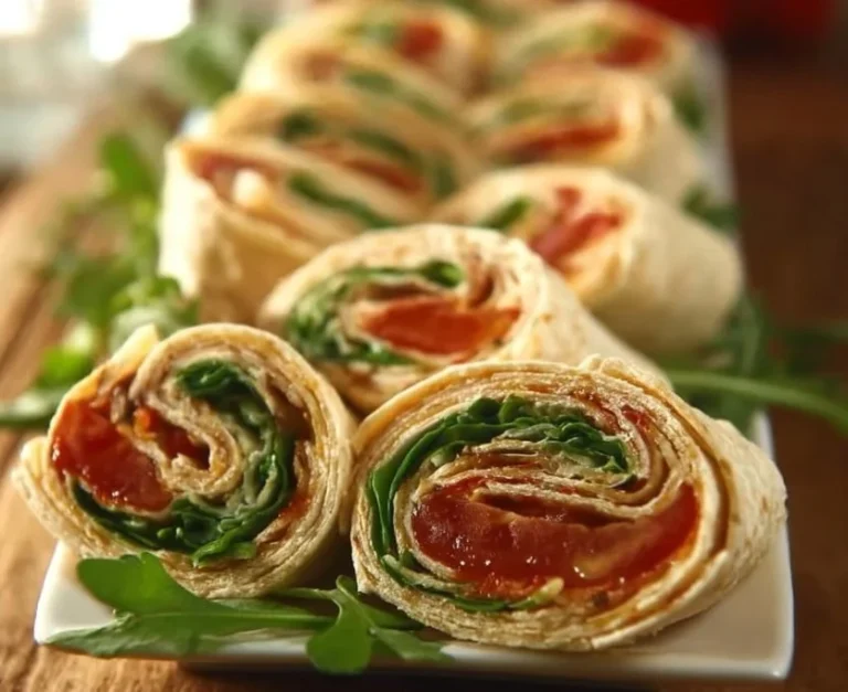 Wrap-Röllchen mit Rucola und Tomaten auf einem Teller