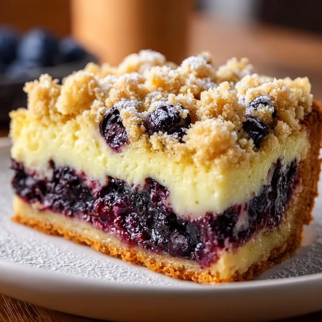 Blaubeerkuchen mit Pudding und Streuseln auf einem Teller präsentiert
