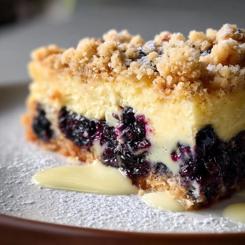 Blaubeerkuchen mit Pudding und Streusel