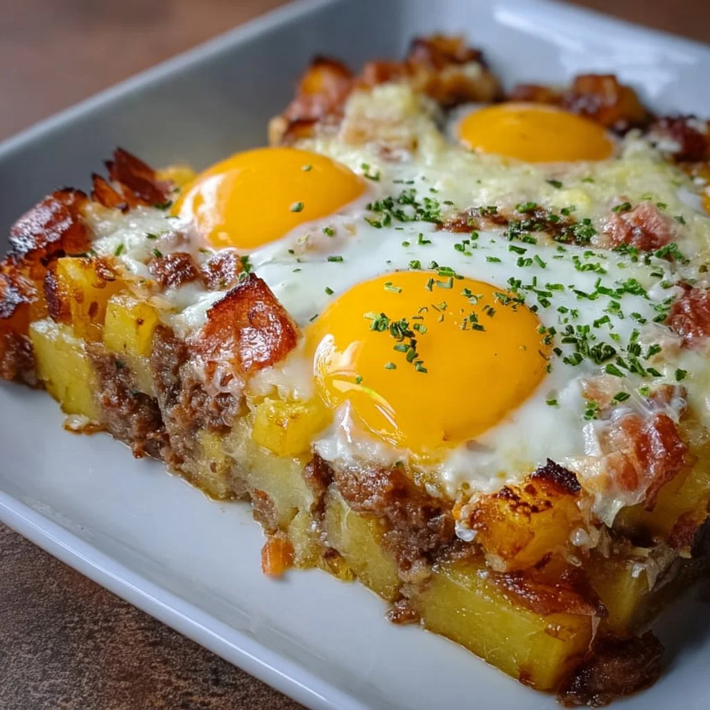 Bratkartoffel Leberk&auml;se Auflauf mit Spiegelei
