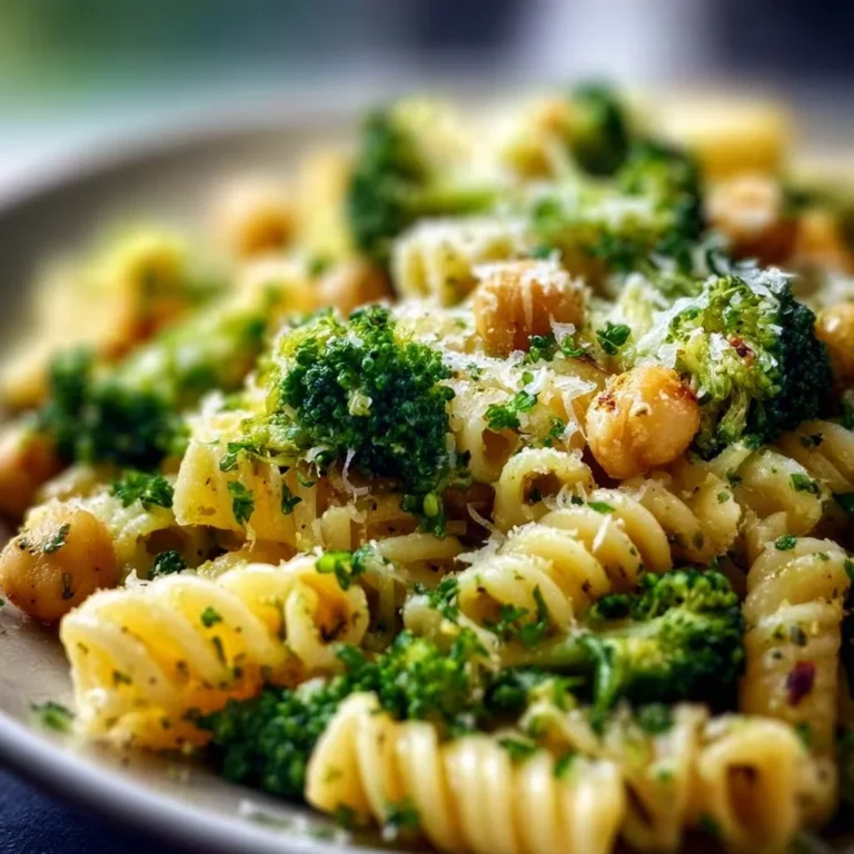 Platte mit Brokkoli-Kichererbsennudeln in Knoblauch-Olivenöl
