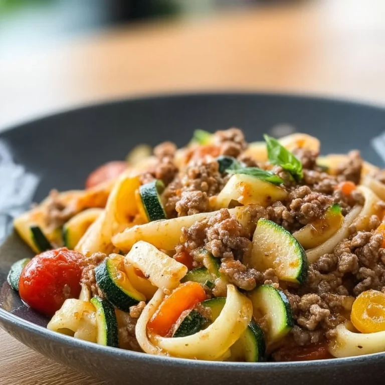 Bunte Zucchini-Hackfleisch-Pasta in einer Schüssel serviert
