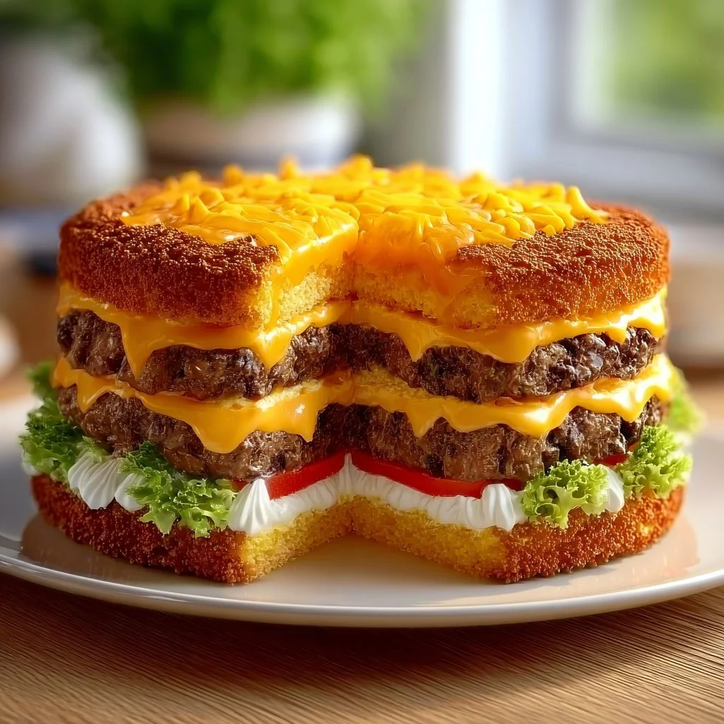 Leckere Cheeseburger-Torte auf einem Teller serviert mit frischen Zutaten.