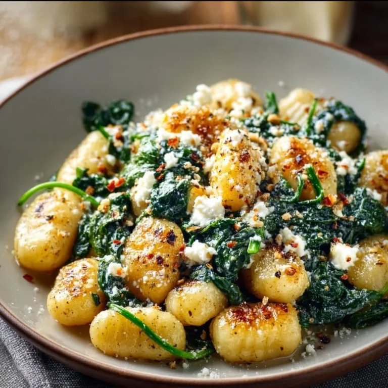 Cremige Gnocchi mit Spinat und Feta auf einem Teller serviert