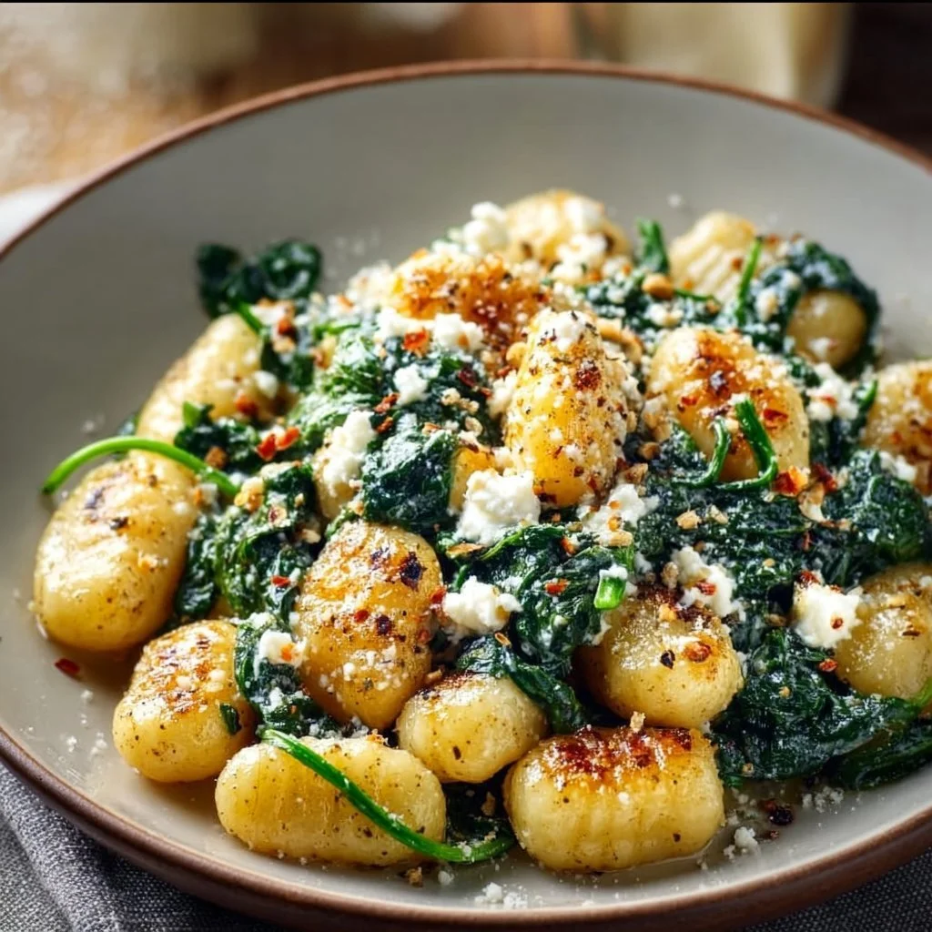Cremige Gnocchi mit Spinat und Feta auf einem Teller serviert