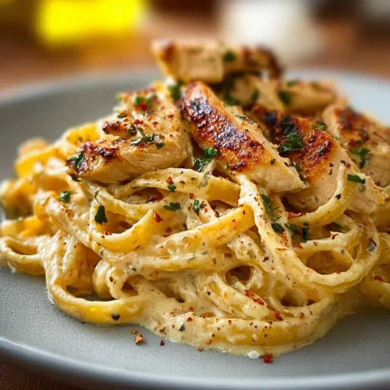 Cremige Hähnchen-Alfredo-Nudeln auf einem Teller serviert