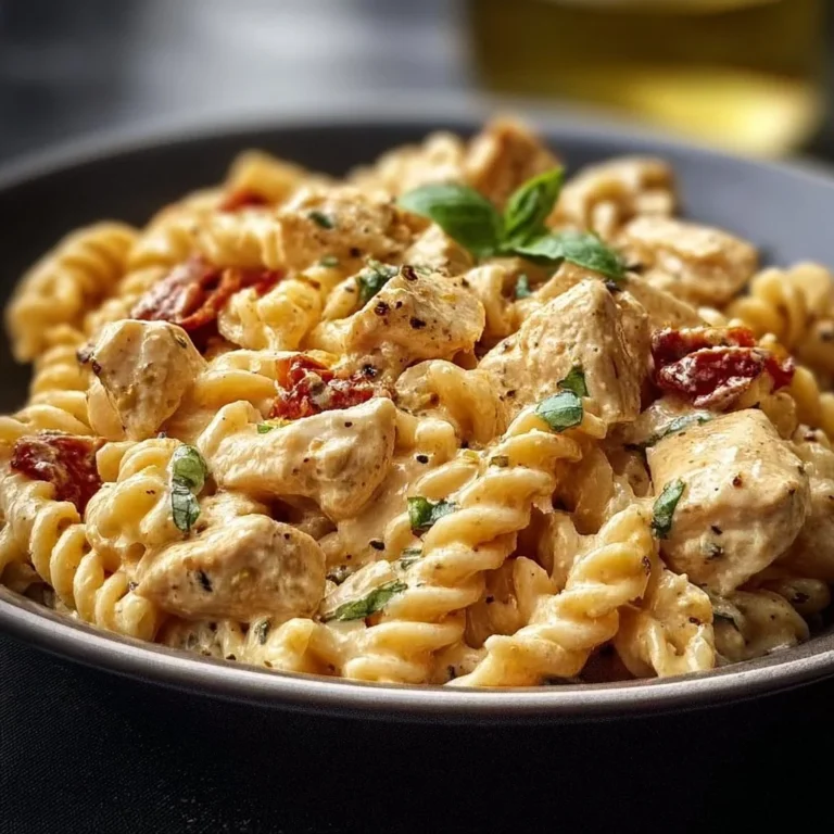 Cremige Hähnchen-Feta-Pasta mit frischen Zutaten auf einem Teller serviert.
