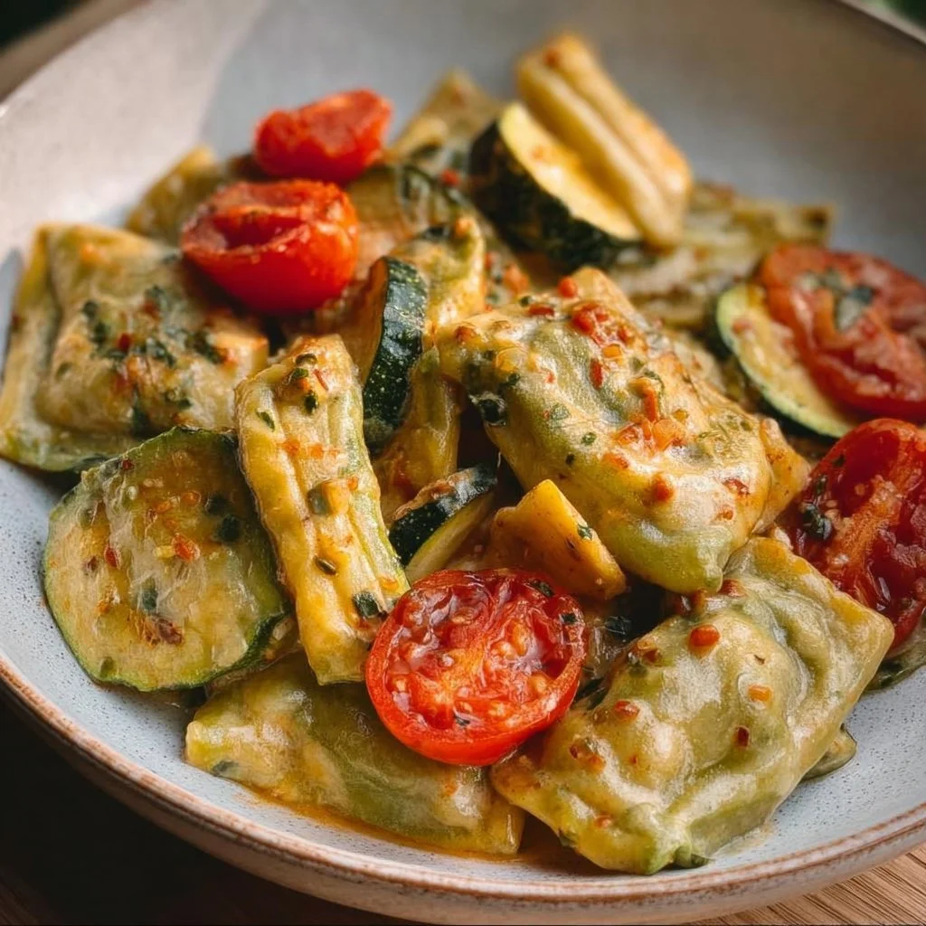 Cremige Maultaschenpfanne mit Zucchini und Tomaten