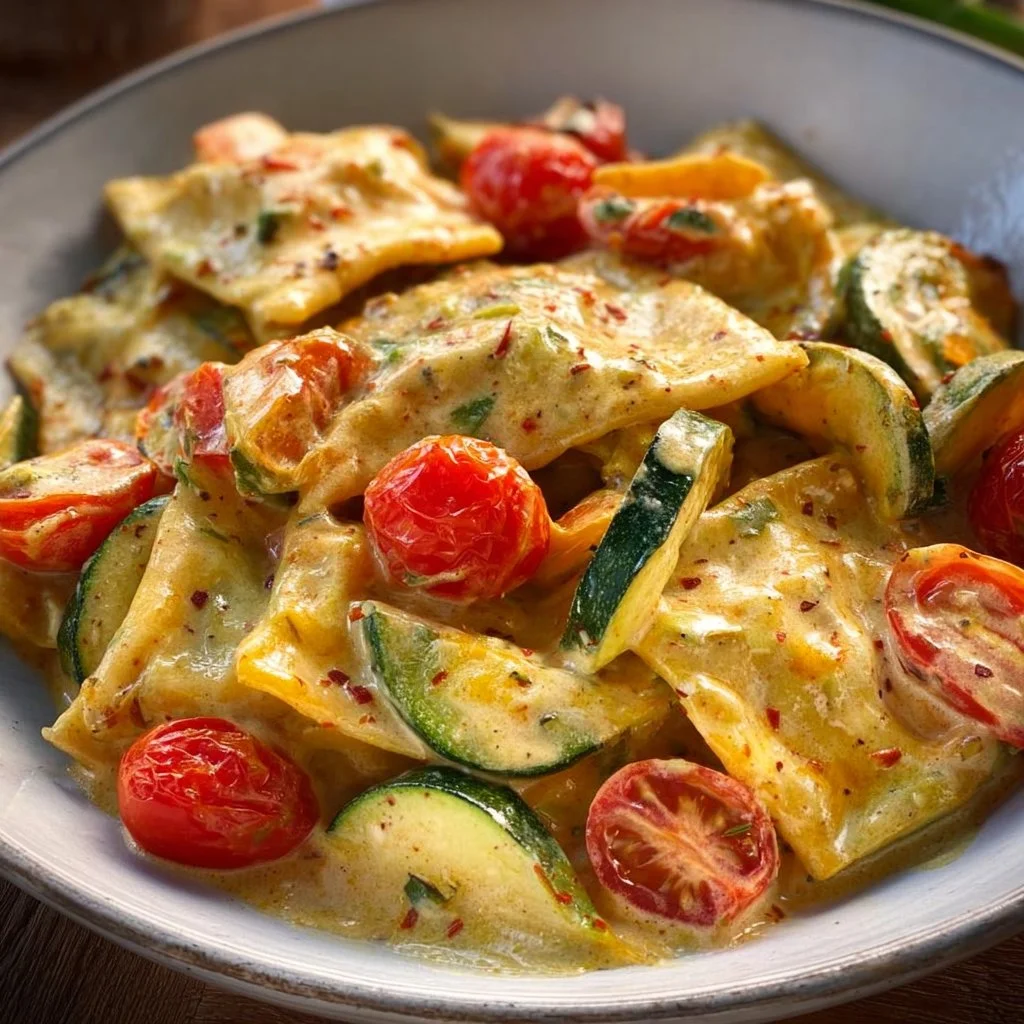 Cremige Maultaschenpfanne mit Zucchini und Tomaten