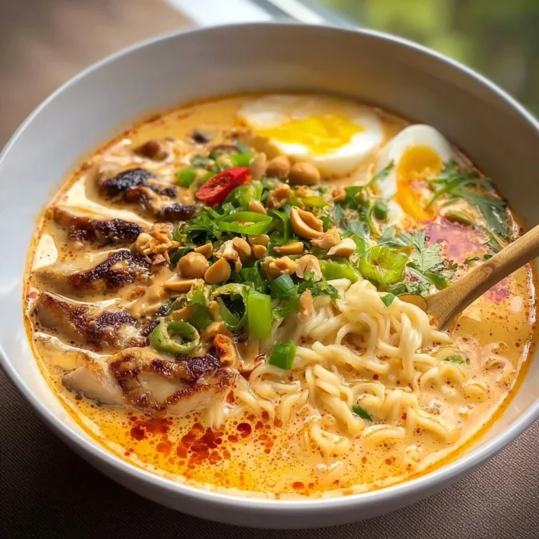 Cremige Ramen mit Erdnuss und Kokos in einer Schüssel serviert