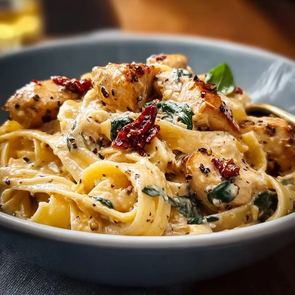 Cremige toskanische Hähnchenpasta auf einem Teller angerichtet
