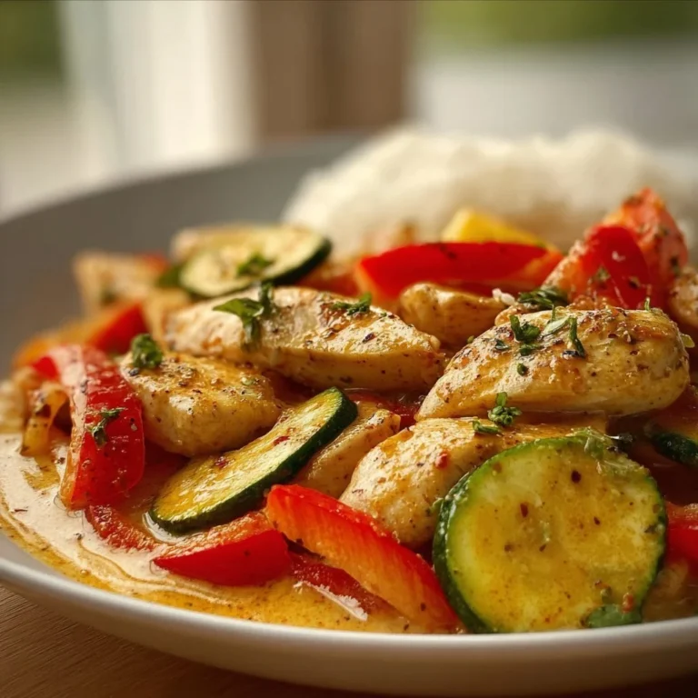 Cremiges Paprika-Zucchini-Hähnchen Gericht auf einem Teller serviert
