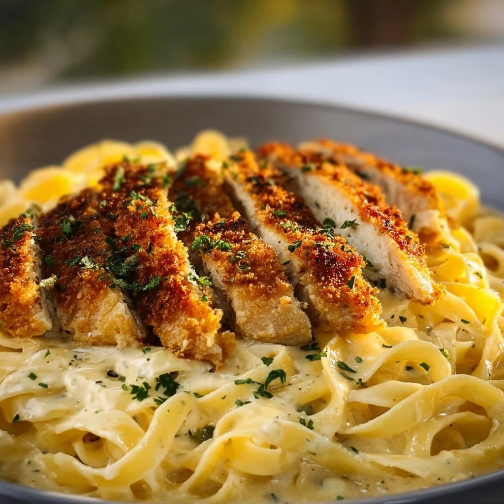 Crispy Chicken Fettuccine Alfredo mit zartem Hühnchen und cremiger Sauce