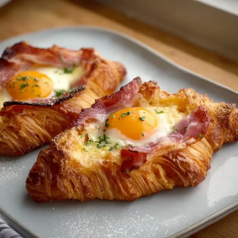 Eier-Speck-Croissant-Boote mit frischen Zutaten auf einem weißen Teller