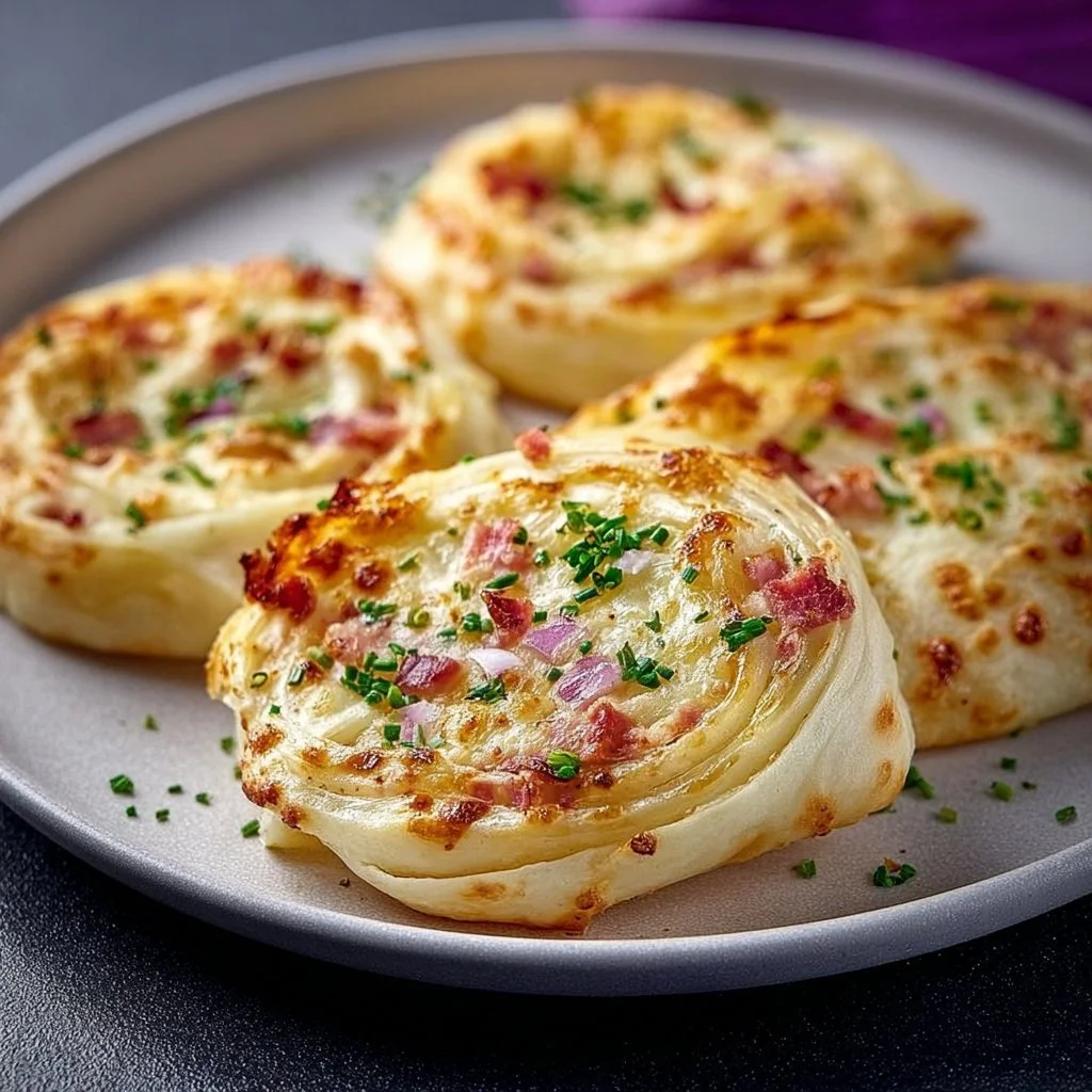Flammkuchen-Snackrolle mit frischen Zutaten und knusprigem Teig