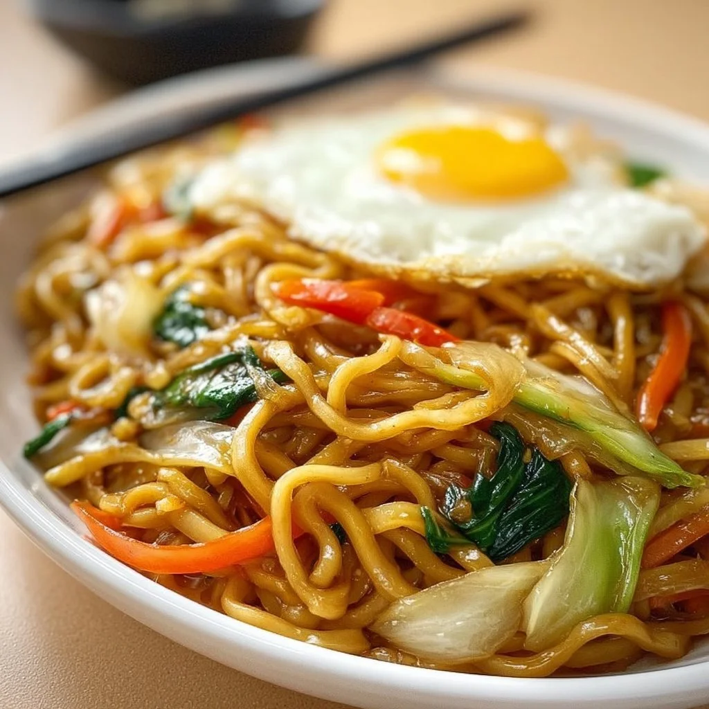 Fried noodles in Chinese style with egg and vegetables, served on a plate.