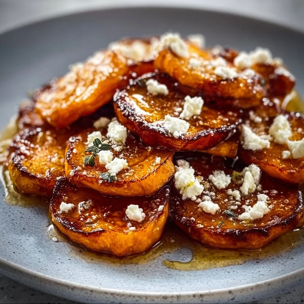 Frittierte Süßkartoffelscheiben mit Honig und Feta auf einem Teller angerichtet.