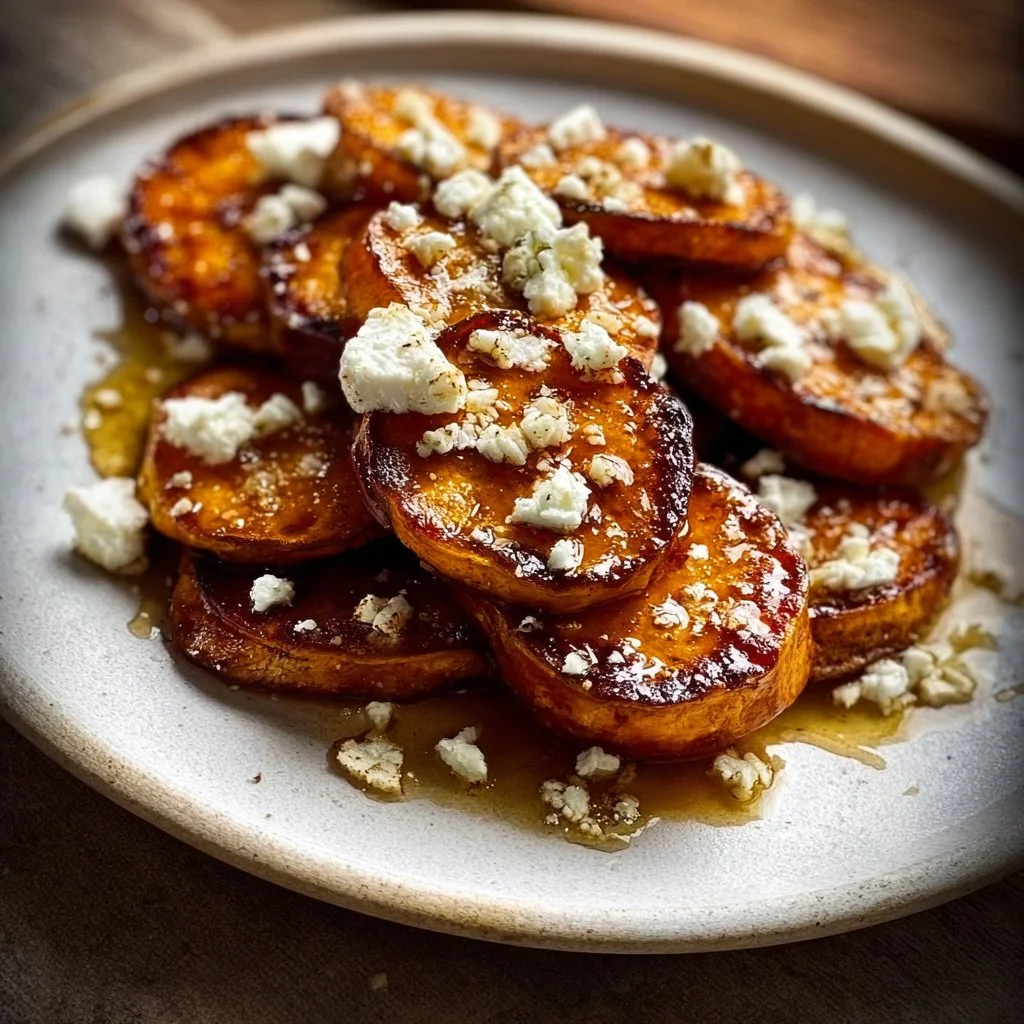 Frittierte Süßkartoffelscheiben mit Honig und Feta