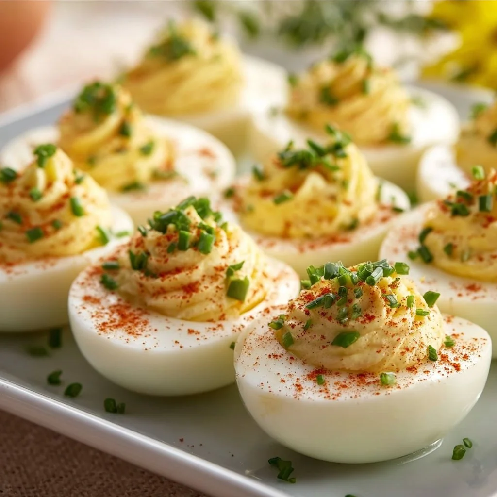 Gefüllte Eier auf einem festlichen Tisch für den Osterbrunch