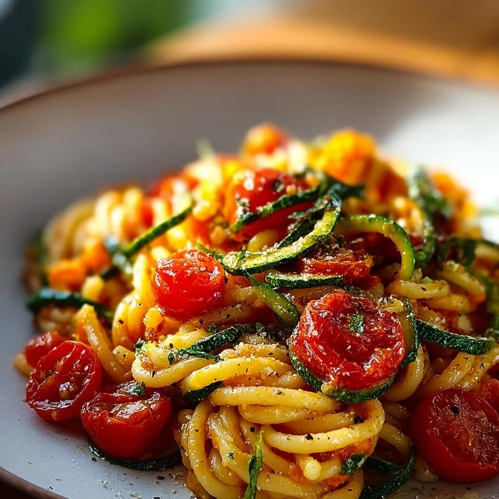 Gesunde Tomaten-Zucchini-Pasta mit frischen Zutaten und Aromen