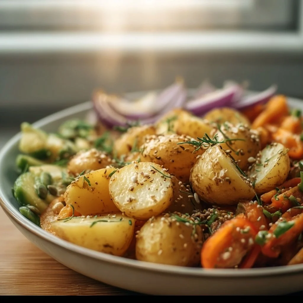 Vielfältige vegetarische Kartoffelgerichte auf einem Teller