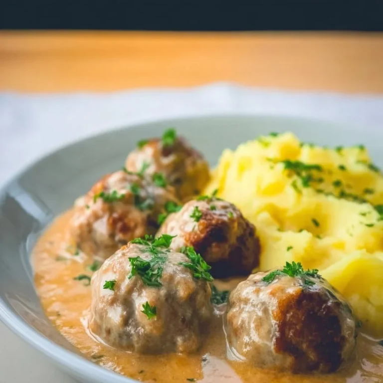 Hackbällchen in cremiger Sauce serviert mit Kartoffelpüree