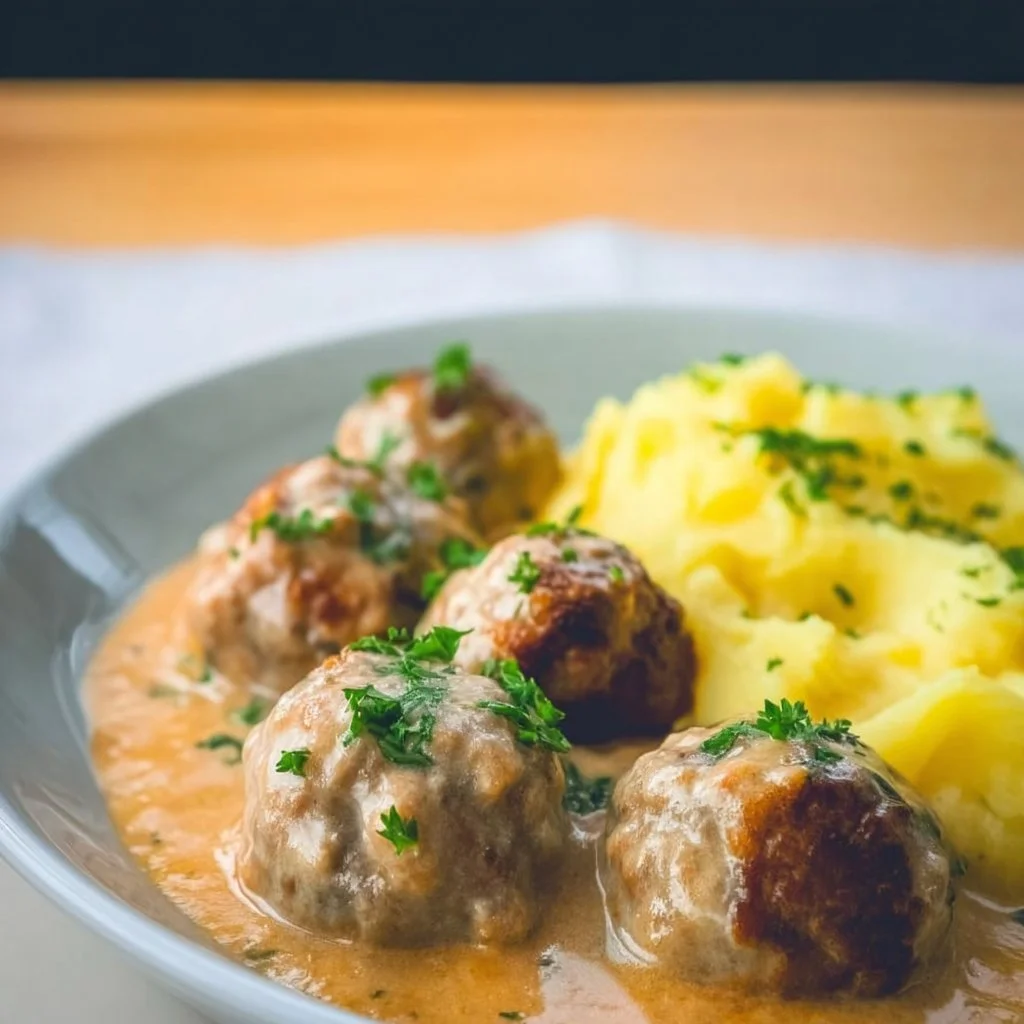 Hackbällchen in cremiger Sauce serviert mit Kartoffelpüree