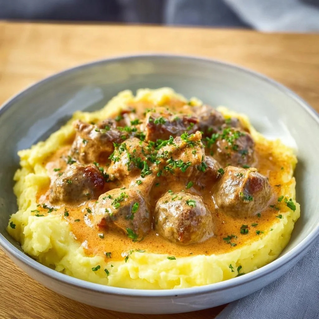 Hackbällchen in cremiger Sauce mit Kartoffelpüree