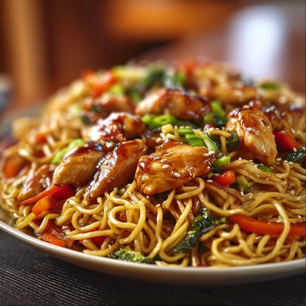 Hähnchen-Teriyaki-Nudeln auf einem Teller, serviert mit frischem Gemüse.