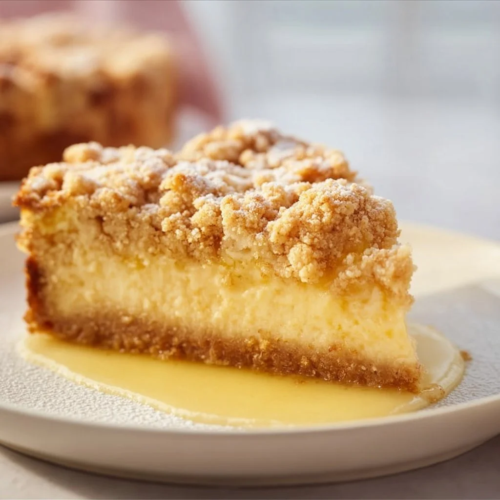 Himmlischer Streuselkuchen mit Pudding auf einem Teller serviert.