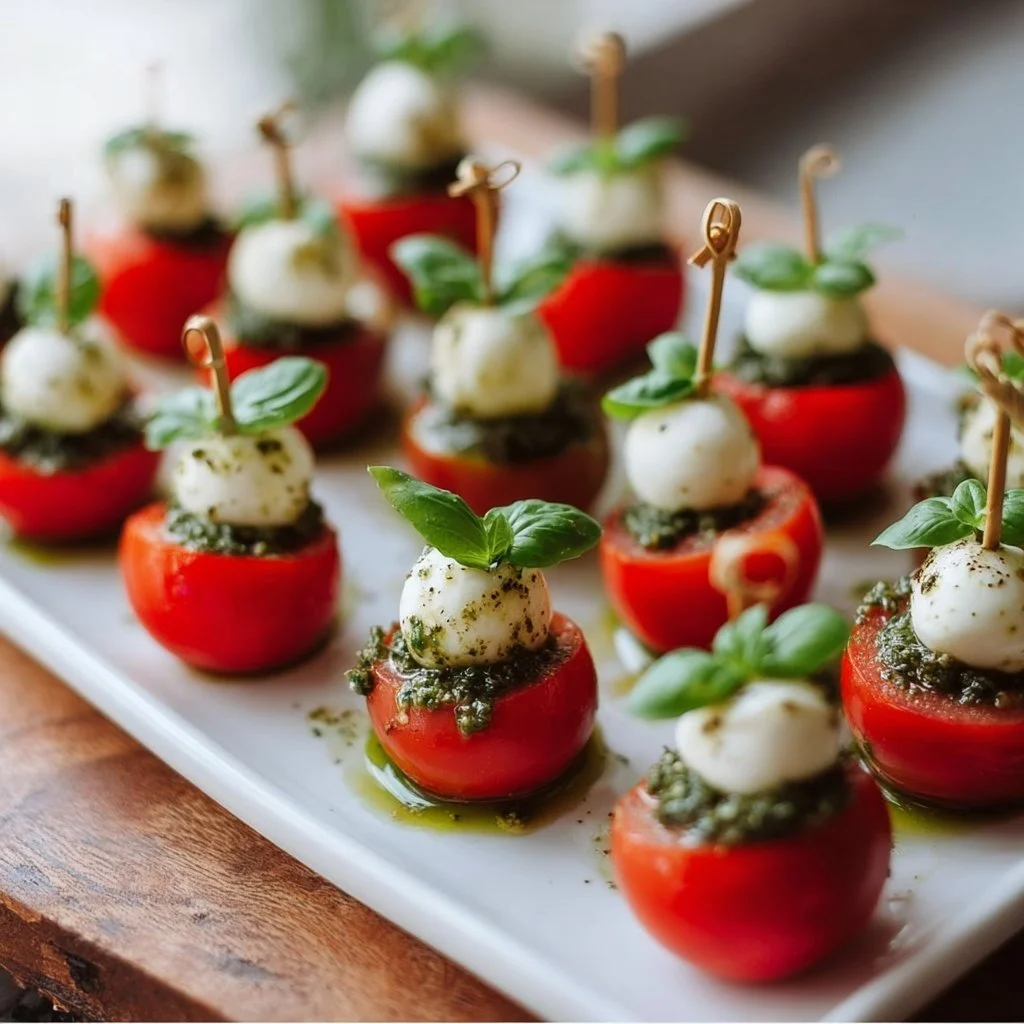 Homemade Rezepte auf Instagram: Mini Pesto Caprese Häppchen: Zutaten: 10 Kirsche- oder Traubentomaten (halbiert) 10 mini Mozzarella-Kugeln (Bocconcini) 10 frische Basilikum…