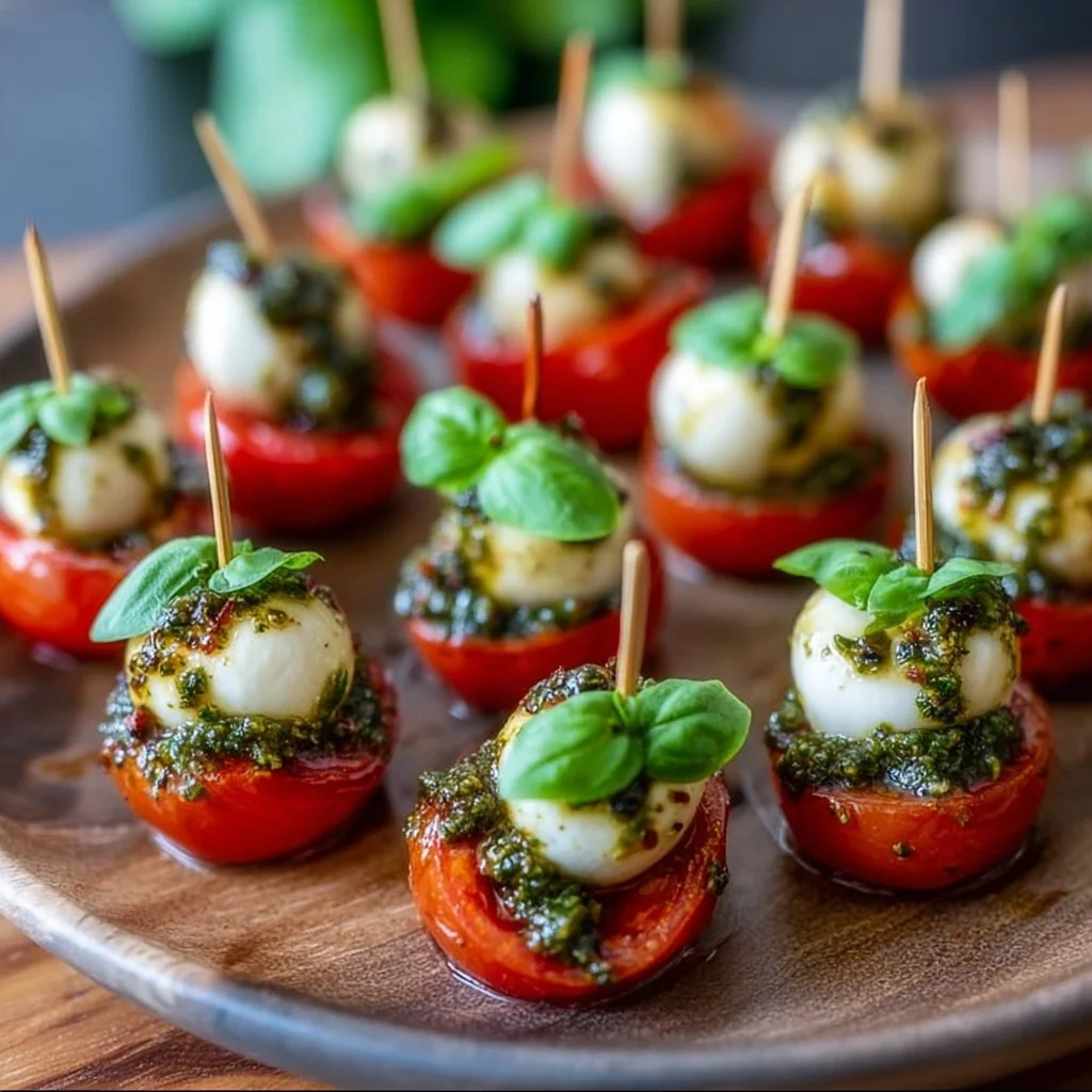Homemade Rezepte auf Instagram: Mini Pesto Caprese Häppchen: Zutaten: 10 Kirsche- oder Traubentomaten (halbiert) 10 mini Mozzarella-Kugeln (Bocconcini) 10 frische Basilikum…