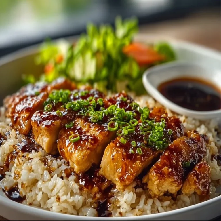 Honig BBQ Hähnchen auf Reis serviert mit frischen Kräutern