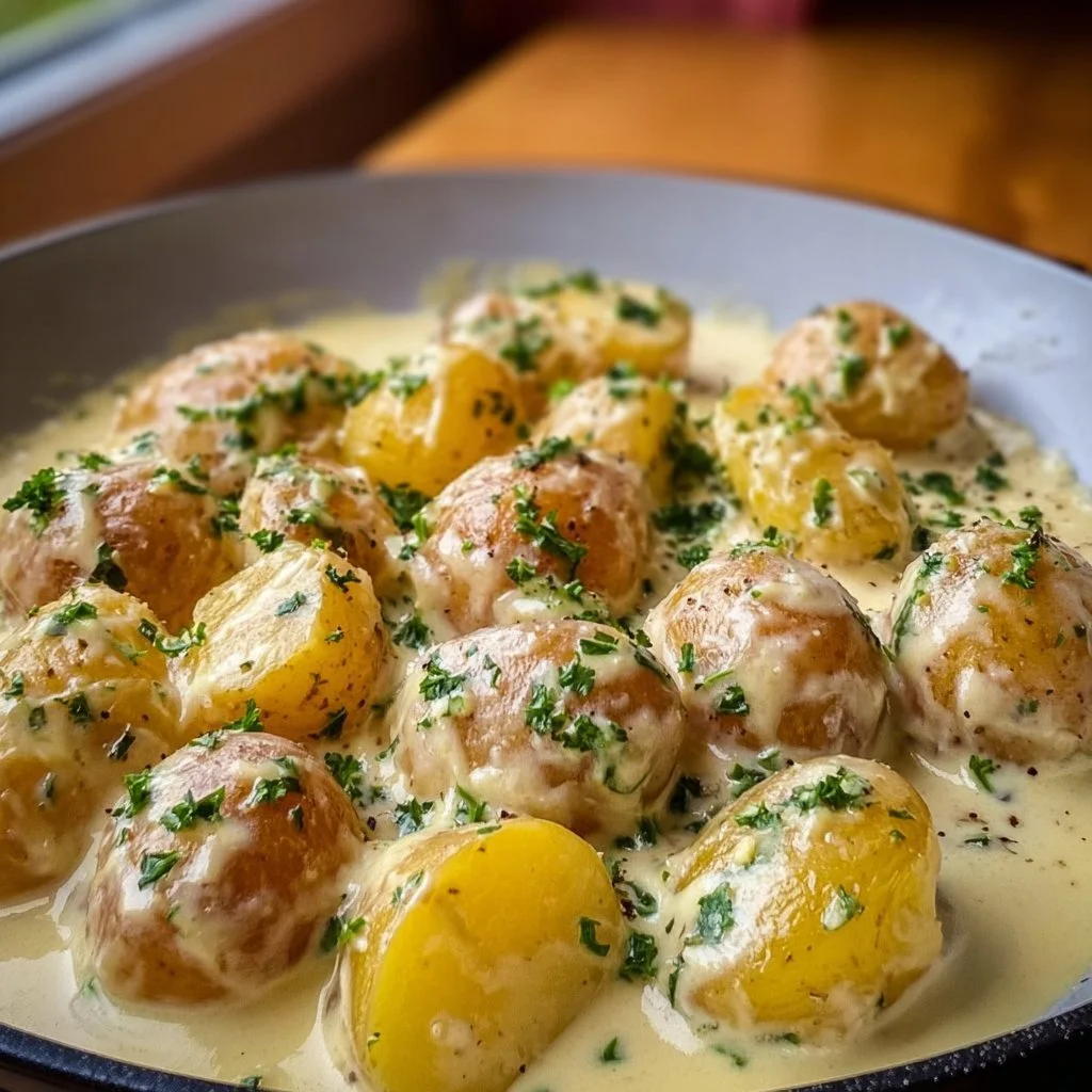 Kartoffeln serviert mit Knoblauch-Sahnesauce in einer Pfanne.