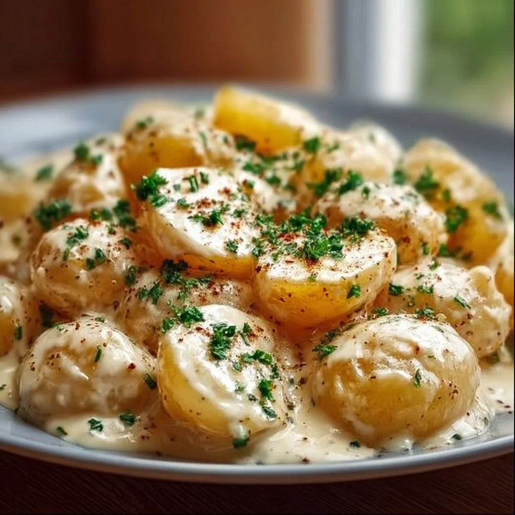 Kartoffeln mit cremiger Knoblauchso&szlig;e einfach zubereiten