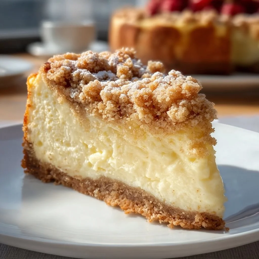 Käsekuchen mit Streusel, frisch gebacken und verführerisch dekoriert