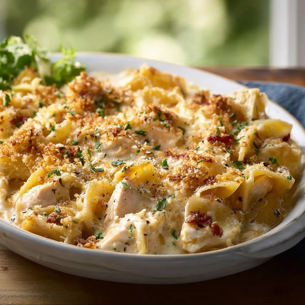Klassischer Crack-Hühnchen-Auflauf mit Käse und würzigem Hühnchen-Überzug.