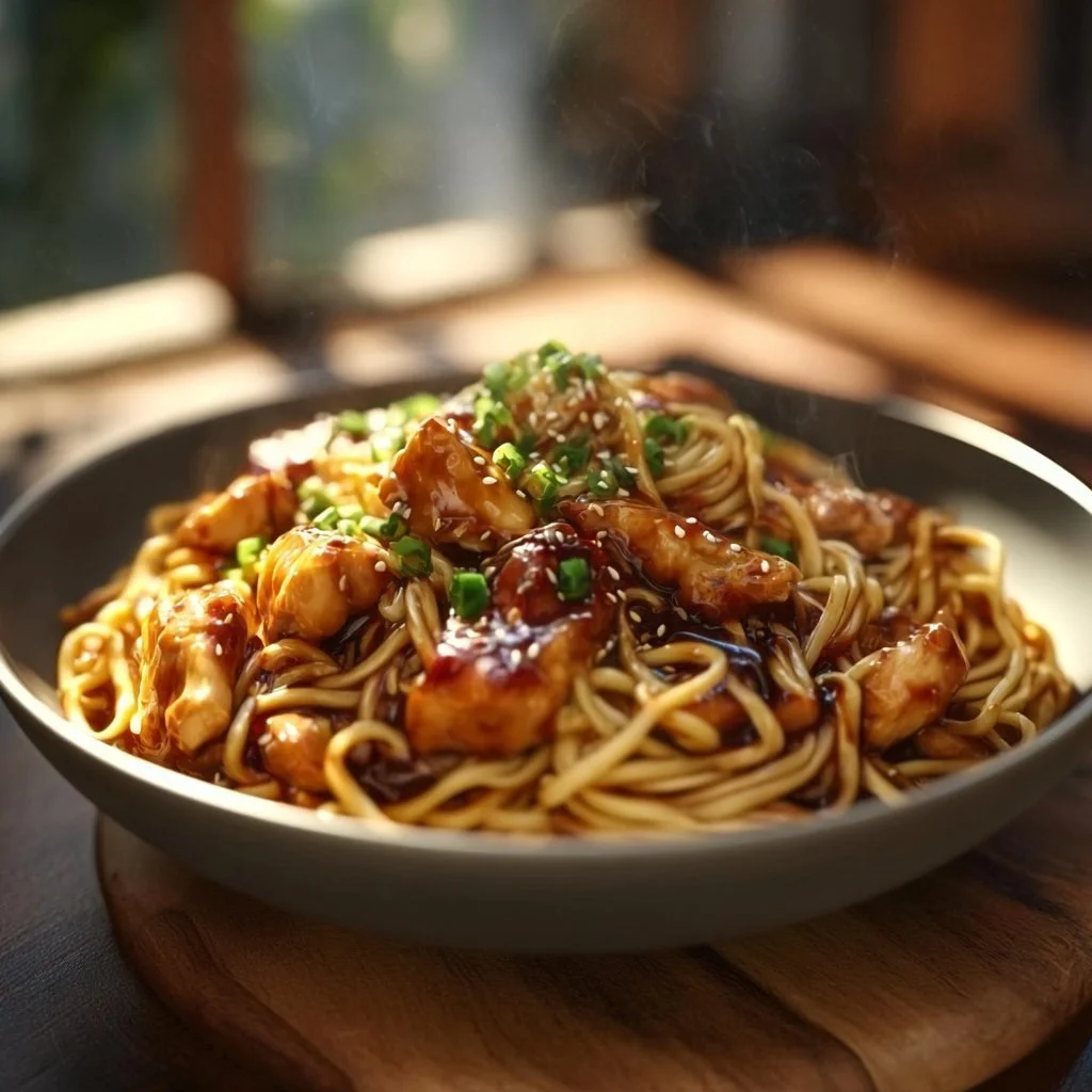 Klebrige Knoblauch-H&auml;hnchen-Nudeln