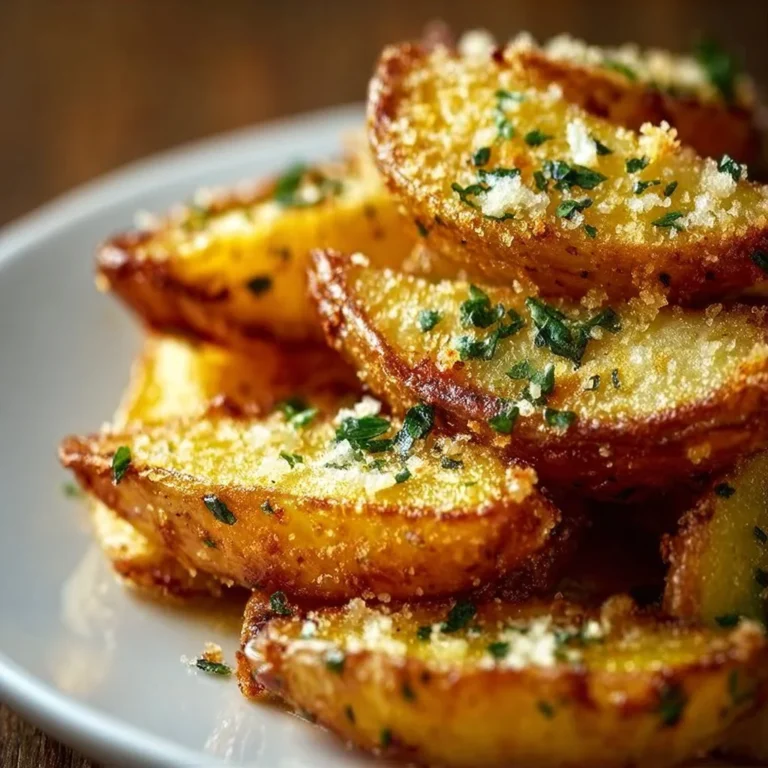 Knusprige Kartoffelspalten mit Knoblauch und Parmesan auf einem Teller