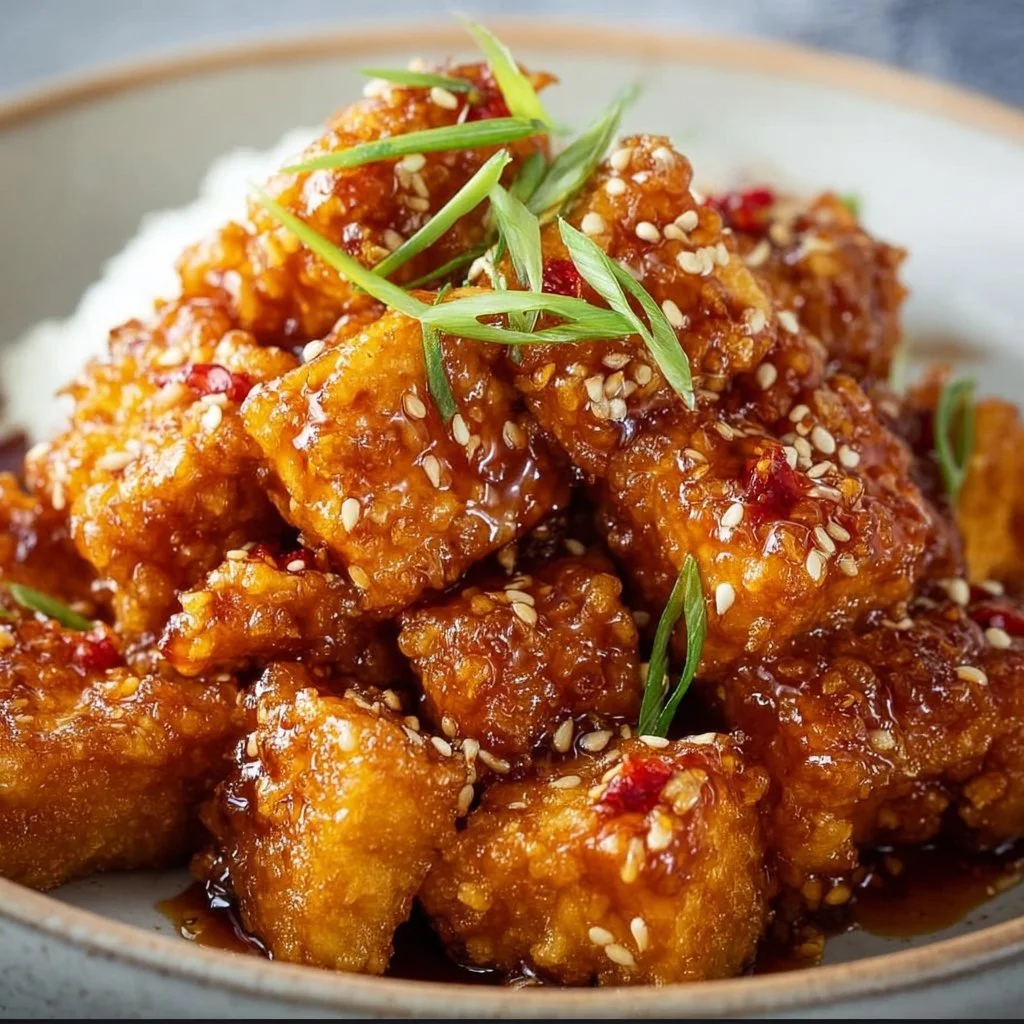 Knuspriger Honig-Knoblauch-Tofu auf einem Teller angerichtet