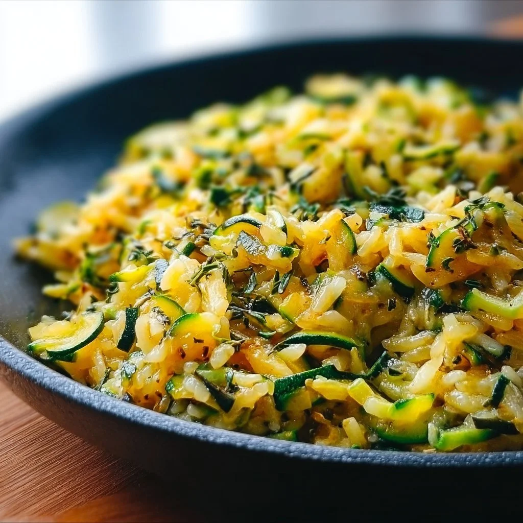 Leckere Zucchini Reis Pfanne mit frischen Zutaten auf einem Teller angerichtet
