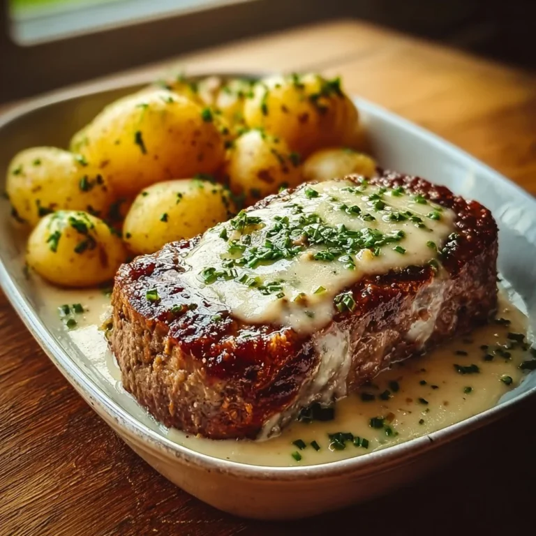 Köstlicher Hackbraten mit Kartoffeln in Sahne auf einem Teller serviert.